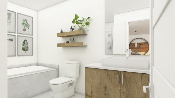 Vue intérieure d'une salle de bain moderne avec baignoire, toilettes et meuble lavabo en bois, décorée avec des plantes et des étagères en bois flottant.